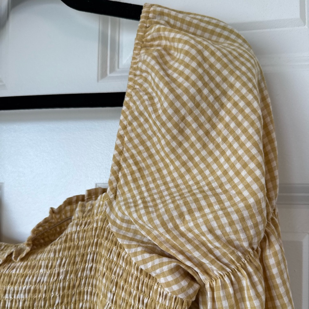 Urban Outfitters Yellow Ruffled Ruche Crop‎ Top Smocked Long Sleeve Checkered S - Picture 8 of 14
